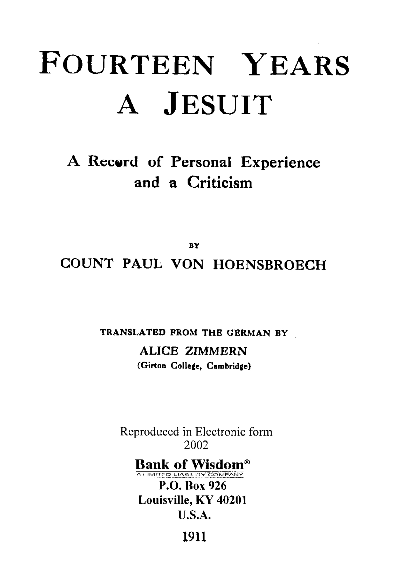 Fourteen Years A Jesuit, Vol. 2 of 2 Vols.